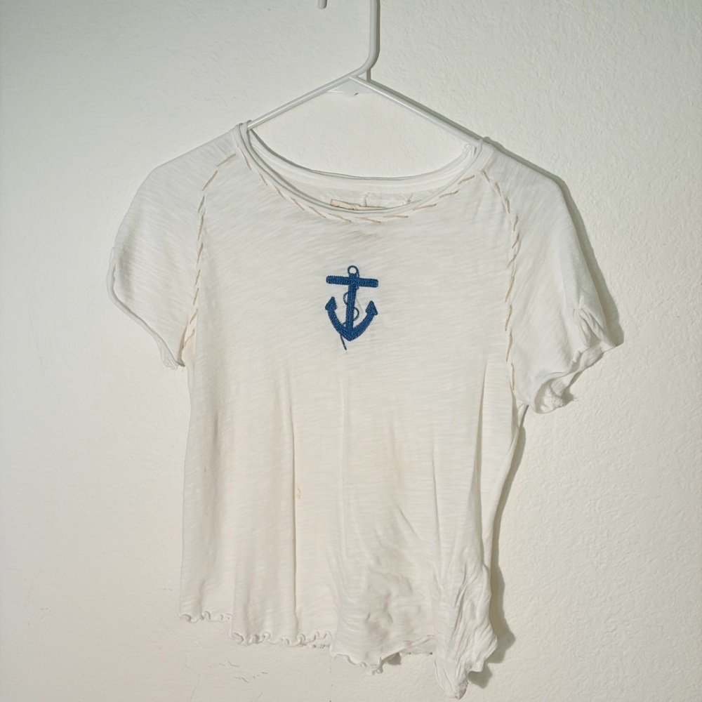 SOLD on Depop. Tricia Fix White Tee w/Embroidered Blue Anchor.